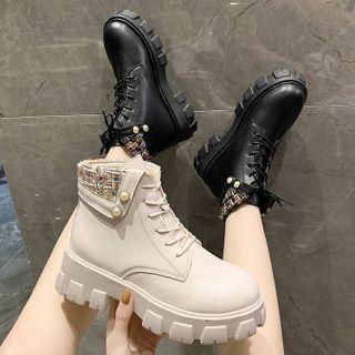 Plaid Panel Platform Block Heel Lace Up Short Boots