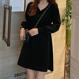 Long-sleeve Knit V-neck A-line Mini Dress
