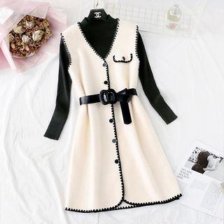 Set: Mock Neck Knit Top + Sleeveless Button Dress
