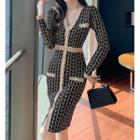 V-neck Button-up Patterned Knit Sheath Dress