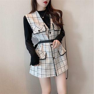 Set: Long Sleeve Plain Top + V-neck Plaid Vest Dress