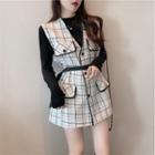 Set: Long Sleeve Plain Top + V-neck Plaid Vest Dress