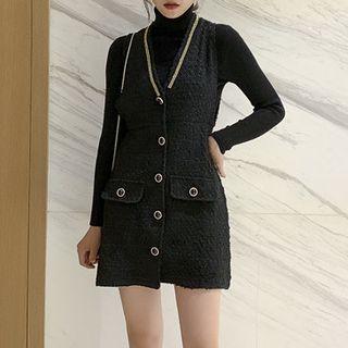 Long-sleeve Mock-neck Knit Top / Tweed Pinafore Dress