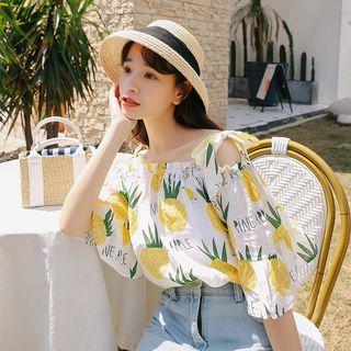 Elbow-sleeve Pineapple Print Cold Shoulder Top