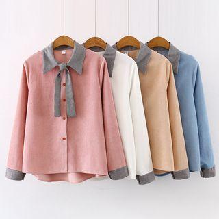 Long-sleeve Tie Neck Corduroy Shirt