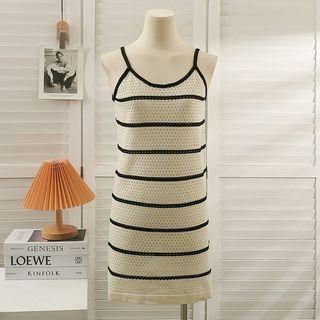 Striped Open-knit Sleeveless Mini Dress Almond - One Size