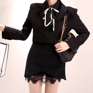 Set: Bow Double-breasted Shirt + Lace Trim Mini A-line Skirt
