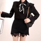 Set: Bow Double-breasted Shirt + Lace Trim Mini A-line Skirt