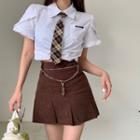 Short-sleeve Shirt / Pleated Skirt / Tie / Waist Chain / Set