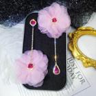 Non-matching Mesh Flower Faux Crystal Dangle Earring 1 Pair - Asymmetry Pink Mesh Flower - One Size