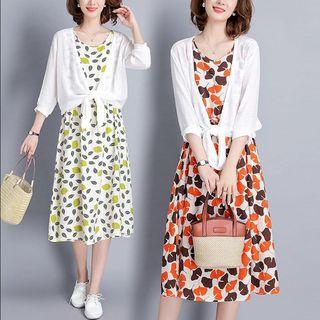 Set: Leaf Print Sleeveless Midi A-line Dress + Tie-front Cardigan