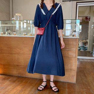 Elbow-sleeve V-neck Midi A-line Dress Navy Blue - One Size
