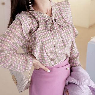 Tie-neck Ruffle-trim Checked Shirt