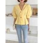 V-neck Puff-sleeve Pintuck-trim Blouse