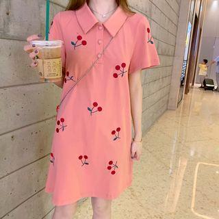 Cherry Embroidered Short-sleeve Dress Red - One Size