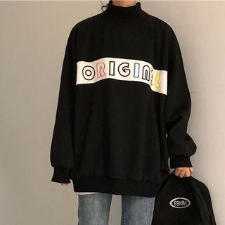 Mock Neck Lettering Pullover Black - One Size