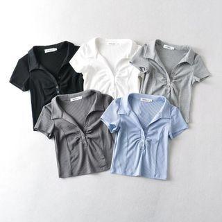 Short Sleeve Plain V-neck Ruched Crop Top
