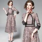 Leopard Print 3/4-sleeve Midi A-line Dress