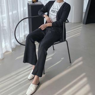 Knit Set: Ribbed Cardigan + Wide-leg Pants Black - One Size