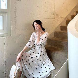 Lantern-sleeve Heart Print Midi Chiffon Dress