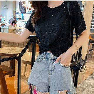 Set: Glittered Short Sleeve T-shirt + Ripped Shorts
