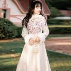 Long-sleeve Floral Embroidered Fluffy Trim Midi A-line Dress