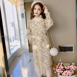 Long-sleeve Floral Print Mesh Panel Midi Dress