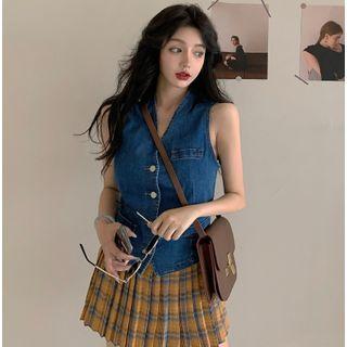 Denim Button-up Vest / Plaid Mini Skirt