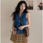 Denim Button-up Vest / Plaid Mini Skirt