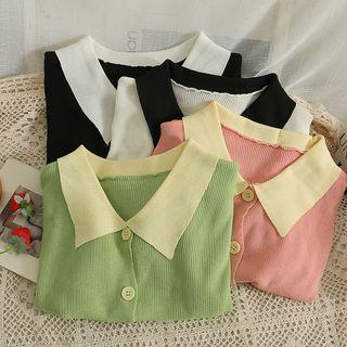 Cropped Puff-sleeve Button-up Crop T-shirt