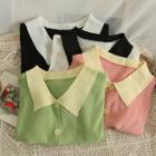 Cropped Puff-sleeve Button-up Crop T-shirt
