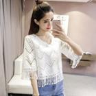 Fringed V-neck Long-sleeve Lace Top