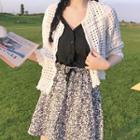 Elbow-sleeve Crochet Knit Cardigan / Set: Buttoned Camisole + Floral Print A-line Skirt