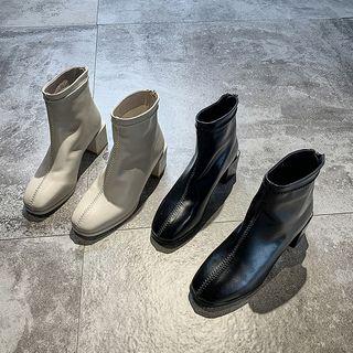 Square-toe Faux Leather Chunky Heel Short Boots