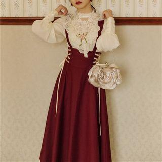 Set: Lantern-sleeve Blouse + Lace-up Midi A-line Overall Dress