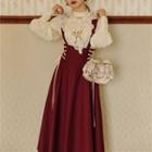 Set: Lantern-sleeve Blouse + Lace-up Midi A-line Overall Dress