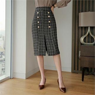 Button-trim Slit-front Plaid Skirt