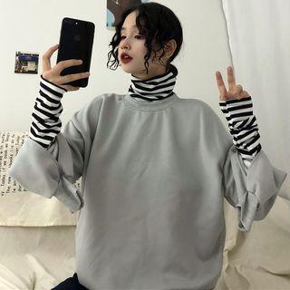 Turtleneck Striped Panel Pullover Gray - One Size