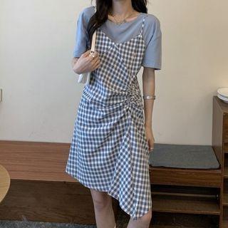Set: Plaid Asymmetrical Hem Spaghetti-strap Dress + Short-sleeve Plain T-shirt