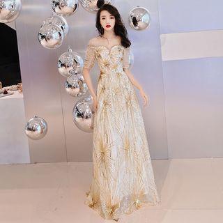 Mesh Panel Short Sleeve Sequined Evening Gown