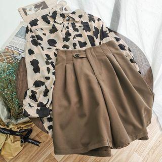 Set: Printed Long-sleeve Shirt + High-waist Wide-leg Shorts