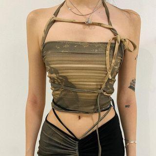 Strappy Print Mesh Crop Top