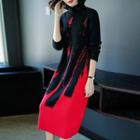 Long-sleeve Two-tone Knit Midi Dress