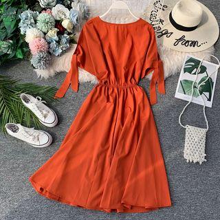Tie-sleeve Round-neck Plain Dress