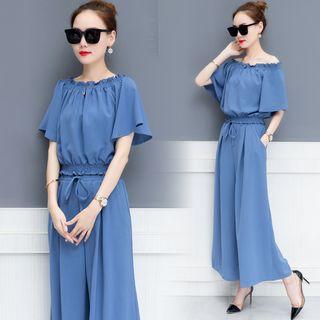 Set: Elbow-sleeve Off Shoulder Top + Wide-leg Pants
