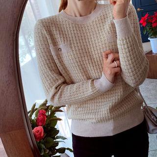 Round-neck Button-detail Tweed Knit Top