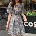 Short-sleeve Open Back Gingham Mini A-line Dress