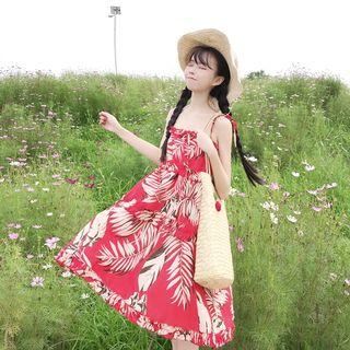 Leaf Print Sundress Red - One Size
