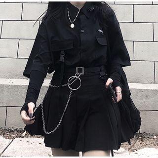 Elbow-sleeve Shirt / Pleated Mini A-line Skirt / Belt
