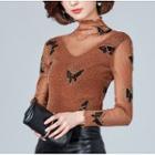 Butterfly Print Long-sleeve Mock Neck Top